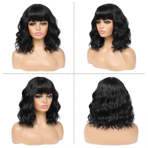 Short Black Wavy Bob Wig with Bangs for Women - Synthetic Daily Wear Hairpiece