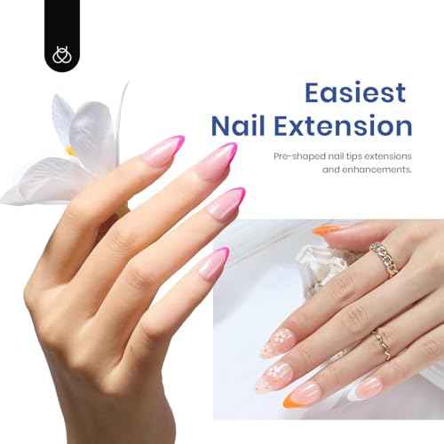 Beetles Gel Nail Kit Short Almond, 240Pcs Easy Nail Extension Set Shaped Clear Tips with 5 in 1 Nail Glue Base & Top Coat and Mini UV Lamp, Nail Tips Art Acrylic Nail Kit Gifts for Women