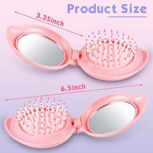 Boao 2 Pack Foldable Travel Mirror Hair Brushes Round Portable Folding Pocket Hair Brush Mini Comb Compact Travel Size Massage Comb for Men Women (Pink,Mango)