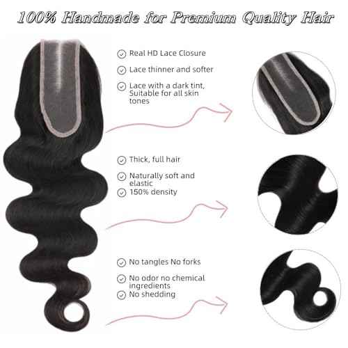 2x6 HD Lace Closure Body Wave Human Hair 16inch Real HD Transparent 100% Brazilian Virgin Middle Part Pre Plucked with Baby Hair Natural Color Kim K 2x6 Closure