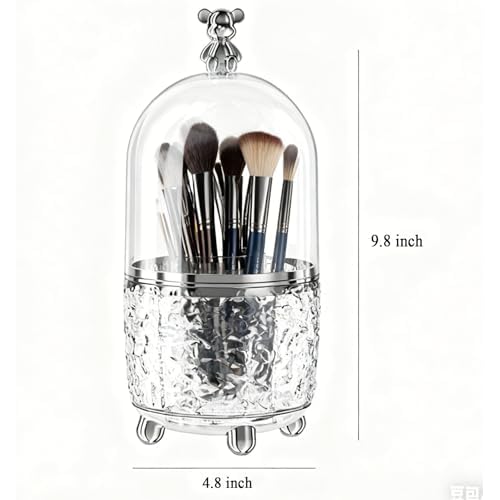 Dezzer Makeup Brush Holder with Lid, 360 Rotating Dustproof Make Up Organizers, 6 Slot Make up Brush Holder for Vanity Bathroom Countertop Office, Clear