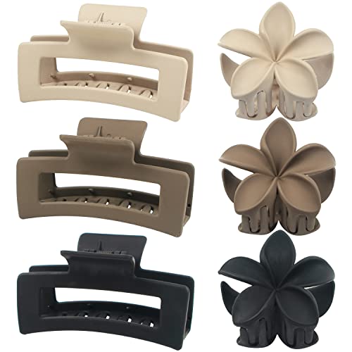 Large Claw Clips for Thick Curly Hair, Matte Flower Hair Clips for Thin Fine Hair, 4.1 Inch Big Square Claw Clips for Women Girls, 2 Styles Non Slip Hair Claw, Cute Neutral Hair Claw Clips (6 pack)