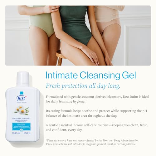 SwissJust Deo Intim Cleansing Gel 250ml. Feminine Wash Formulated with Rich Ingredients. A Delicate Cleansing Gel and pH Balancing Cleanser. Moisturizing Feminine Care & Gentle Wash