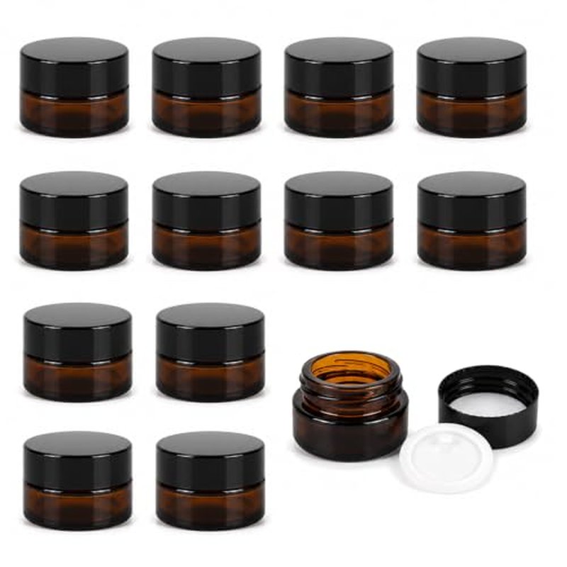 12Pcs Amber Glass Jars with Black Lids - 5ml Refillable Cosmetic Containers