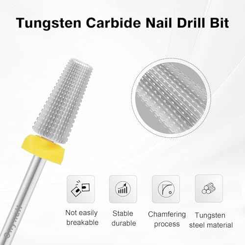 5 in 1 Nail Drill Bit, Tungsten Carbide Multi-Function Bit for Acrylic Nails, Hard Gels, Cuticles Removal, 3/32" Shank, Two-Way Rotation for Left & Right-Handed Use (XF Grit, SILVER)