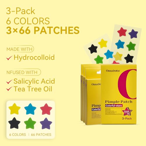 Star Pimple Patches for Face - 6 Colors 198Pcs (14mm) Hydrocolloid Acne Patches, Day & Night Blemish/Zit Healing Pimple Patches (66count-Pack of 3)