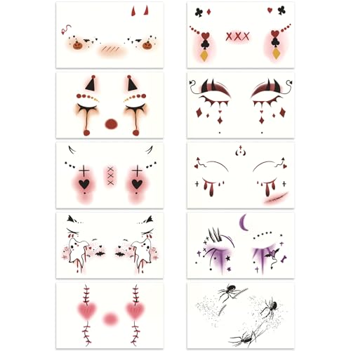 Halloween Temporary Face Tattoo Stickers - 10 Sheets