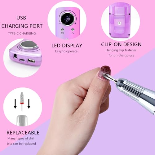 Electric Nail Drill File Professional,30000 RPM Portable Nail Drill Machine Kit Manicure Pedicure Tools Polishing Set with Nail Drill Bits Sanding Bands ? (Dazzling Purple)