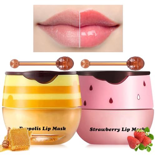 2PCS Bee Lip Balm Honey Pot, Honey Strawberry Lip balm Lip Mask with Stick, Moisturizing Lip Sleeping Mask Day & Night Lip Care - Hydrate Repair Prevent Dry Cracked Exfoliate (Honey & Strawberry)