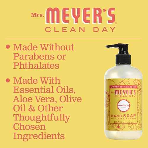 Mrs. MEYER'S CLEAN DAY Liquid Hand Soap, Cruelty Free, Hand Wash Formula Made with Essential Oils, Limited Edition Lemonade Scent, 12.5 oz Bottle