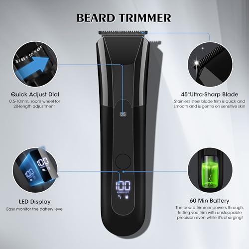 Karrte Manscape 5 in 1 Men's Grooming Kit, Beard Trimmer for Men, Groin & Body Hair Trimmer, Nose & Ear Hair Clippers, 5D Electric Razors, IPX7 Waterproof, LED Display with Travel Lock