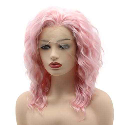 Hair Curly Short 14inch Pink Wig Heavy Density Realistic Synthetic Lace Front Wigs