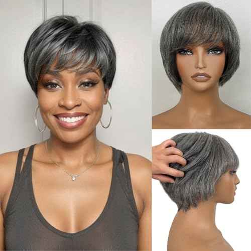 Salt and Pepper Pixie Cut Wigs Human Hair Short White Grey Pixie Cut Wigs Glueless Pixie Layered Lace Front Wig With Bangs Gray Straight Pixie Human Wear and Go Glueless Wig For Women