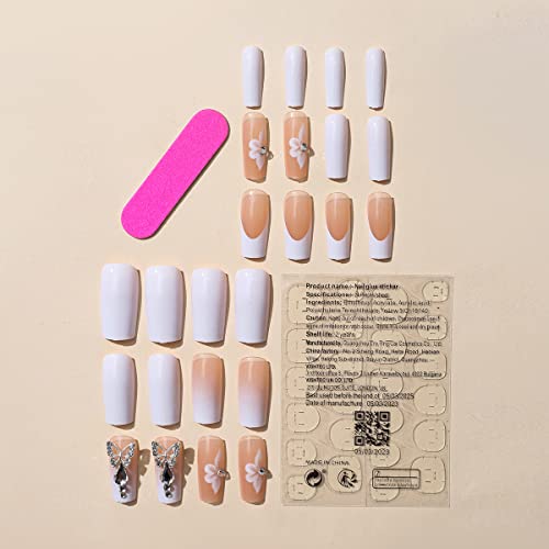 Press on Nails Medium Length Square Flower Fake Nails Nude White False Nails with Butterfly Charm Designs French Tip Acrylic Nails Reusable Square Artificial Nails for Women DIY Manicure Art