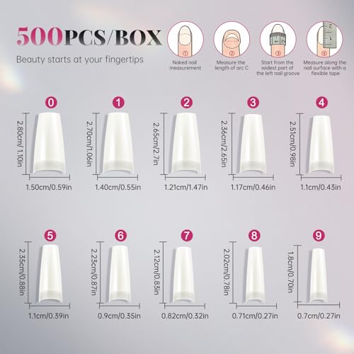 Krofaue 500pcs Clear French Half Cover Acrylic Nail Tips - 10 Sizes with Box