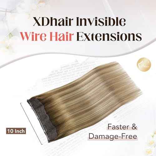XDhair Wire Hair Extensions 70g 16 Inch Hairpiece Balayage Blonde Real Human Hair Extensions with Invisible Secret Fish Wire,Walnut Brown to Ash Brown and Blonde #3/8/22 16 Inch