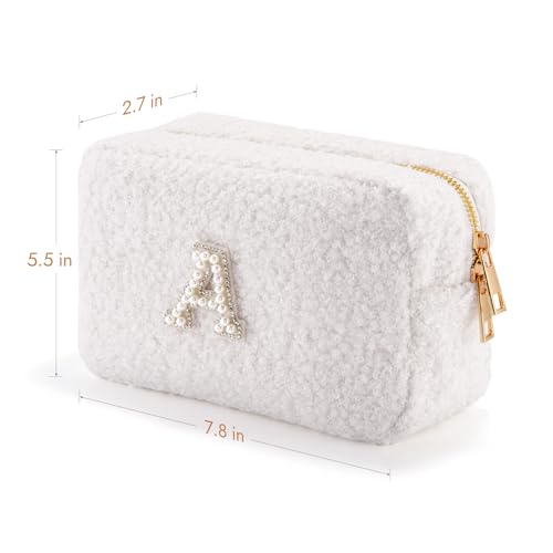 Personalized Initial Travel Makeup Bag, Makeup Bag Travel Cosmetic Bag, Sherpa Teddy Pearl Letters A