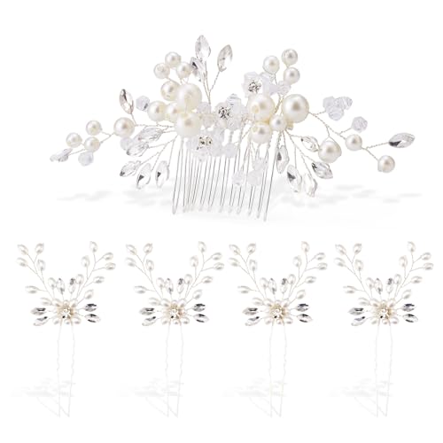 Bridal Hair Combs & Pins Set - 5PC Rhinestone Crystal Pearl Accessories