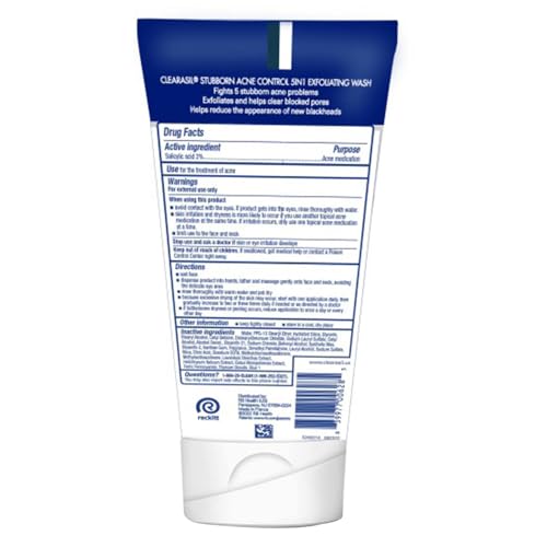 Clearasil Stubborn Acne Control 5in1 Exfoliating Wash 6.78 fl. oz., Reduces Blocked Pores, Pimple S (Pack of 5),6.78 Fl Oz (Pack of 5)