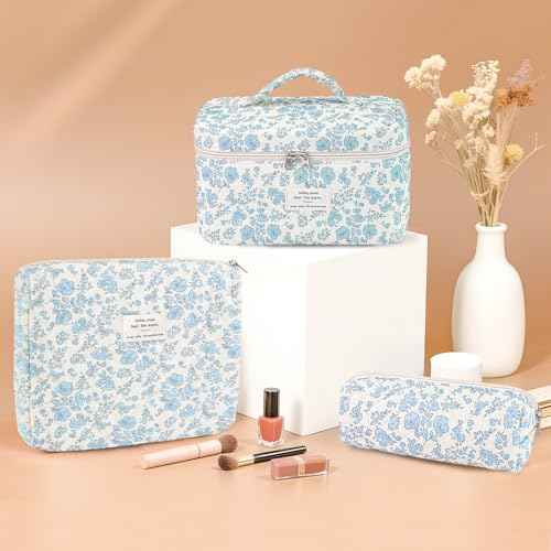 3Pcs Cotton Quilted Makeup Bag for Women Girls, Large Floral Cosmetic Bag Set Cute Makeup Brushes Aesthetic Accessories Storage Bag Travel Toiletry Bag Organizer, Little Flower Blue