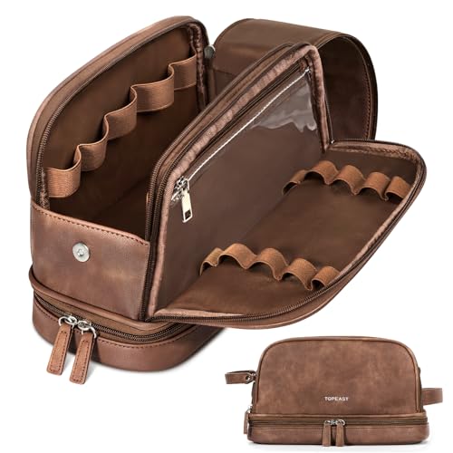 TOPEAST Large PU Leather Toiletry Bag for Men - Waterproof Dopp Kit