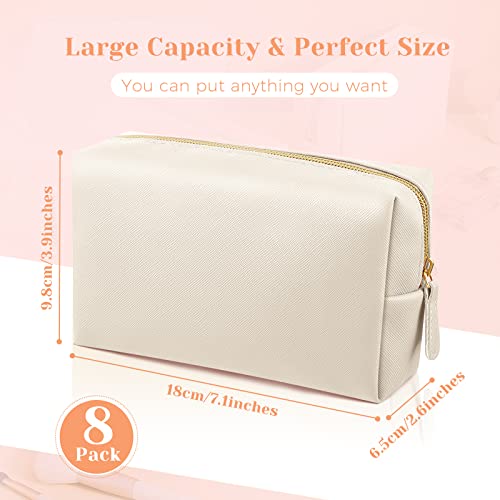 Dunzy 8 Pcs Makeup Bag Pu Leather Cosmetic Pouch Waterproof Small Toiletry Bag Portable Cosmetic Organizer Water Resistant Storage Purse for Lady Women Daily Storage Travel Organizer (Beige,Medium)
