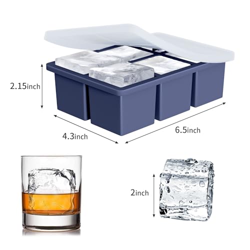 Large Ice Cube Tray for Whiskey: Big Square Ice Cube Maker for Cocktail - 2 Pack Silicone Old Fashioned Ice Cube Trays - 2 Inch Huge Cubed Ice Trays for Whisky