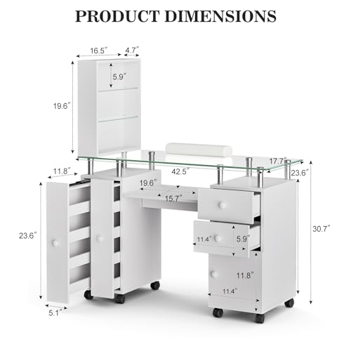 Paddie Manicure Table with Glass Top, Acetone Resistant Nail Desk