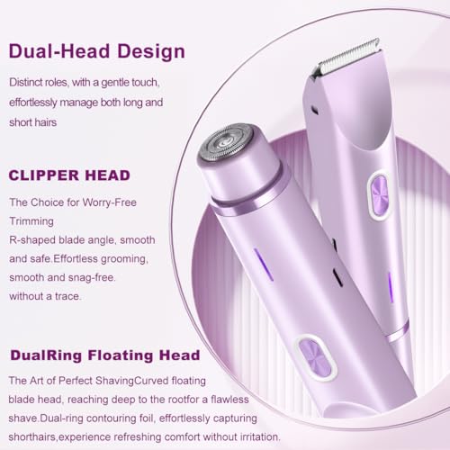 Women's Electric Shaver Bikini Trimmer for Women Razors 2-in-1 Dual Head Design IPX7 Waterproof Wet & Dry Use Body Groomer Hair Trimmer Remover for Facial Underarm Arm Face Leg Bikini (Purple)
