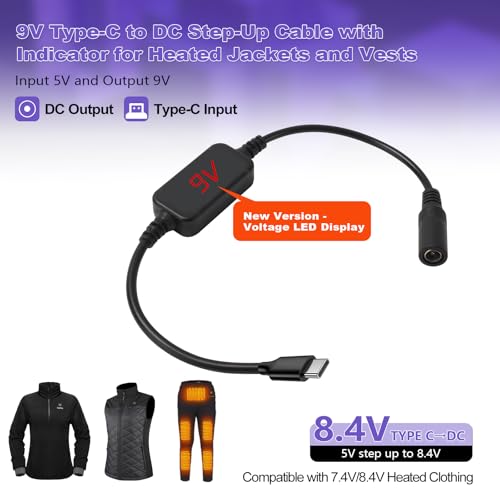9V Heated Jacket Battery Step-Up Adapter Charger Cable TypeC to DC3.5/4.0mm for 7.4V 8.4V Heated Jackets, Heated Hoodies and Heated Vests (Not for 12V Heated Gear)