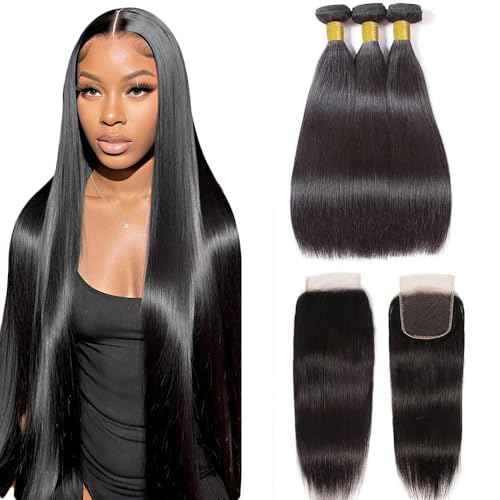 10A Straight Bundles with Closure 12 14 16 with 10 Inch Human Hair Bundles with Closure 100% Unprocessed Brazilian Virgin Human Hair Weave with Closure HD Lace