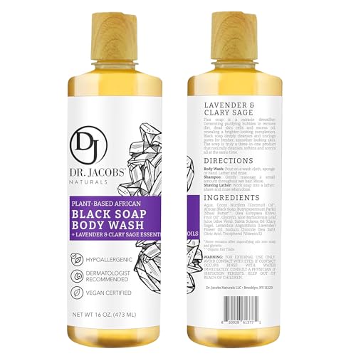 Dr Jacobs Naturals Authentic African Black Liquid Soap with Lavender & Sage Scent | All-In-One Face Wash, Sensitive Skin Body Wash, Shampoo, Shaving Soap | Moisturizing and Nourishing Formula 16oz 1pk