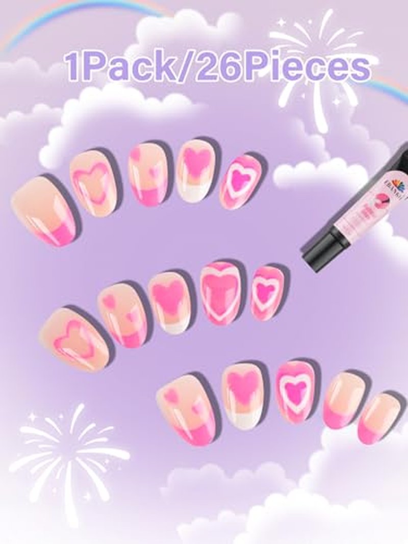 26-Piece Press On Nails for Kids Girls | Pink Heart