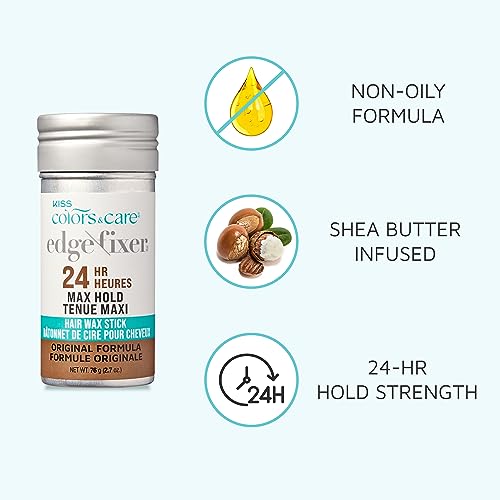 KISS COLORS & CARE Hair Wax Stick, 2.47 OZ (Sweet Peach) - Effortless Edge Styling, 24 Hour Hold, Non-Oily, Flake-Free, Biotin B7 & Shea Butter, Sleek Results, Tames Flyaways, Promotes Hair Growth