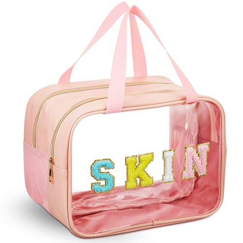 Geetery Chenille Letter Patch Makeup Bag with Handy Handle - Preppy Nylon Cosmetic Organizer with Zipper, Large Travel Toiletry Storage Bag for Women Portable Pink Makeup Case, Women Gifts