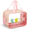 Geetery Chenille Letter Patch Makeup Bag with Handy Handle - Preppy Nylon Cosmetic Organizer with Zipper, Large Travel Toiletry Storage Bag for Women Portable Pink Makeup Case, Women Gifts