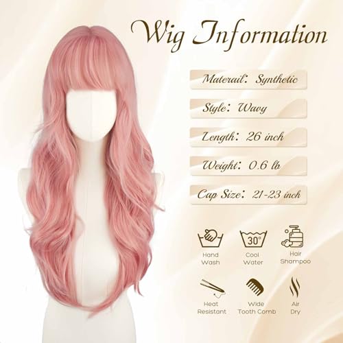 Pink Wavy Wig with Bangs - 26 Inch Heat Resistant Synthetic Hair