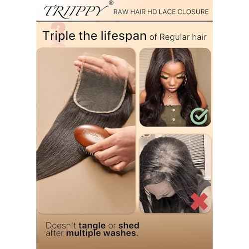 Triippy Raw Hair 5x5 HD Lace Closure Straight More Less Shedding than Regular Virgin Hair, 0.10mm Ultra-Thin 5x5 Swiss Real HD Lace with 100% Raw Cambodian Human Hair 22 Inches
