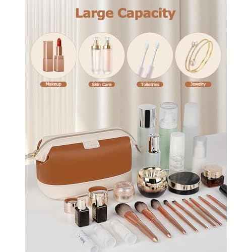 Wedama Makeup Bag Gift for Women, PU Leather Cosmetic Bag Wide Open Make up Organizer Bag, Large Capacity Travel Cosmetic Bag, Makeup Case with Handle for Women Girls, Brown