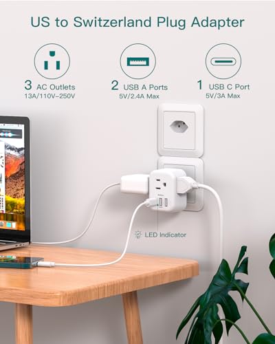 Switzerland Travel Plug Adapter, Swiss Outlet Adapter with 3 Outlets 3 USB Charging Ports(1 USB C), Type J Power Adapter, Travel Essentials US to Switzerland, Rwanda, Liechtenstein