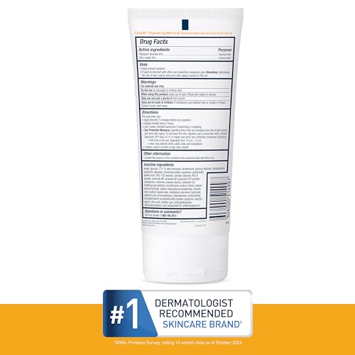 CeraVe 100% Mineral Sunscreen SPF 30 with Zinc Oxide & Titanium Dioxide,Hyaluronic Acid & Ceramides,Oil Free,Non-Greasy,Hydrating Mineral Sunscreen For Body,5 oz,(Pack of 2)