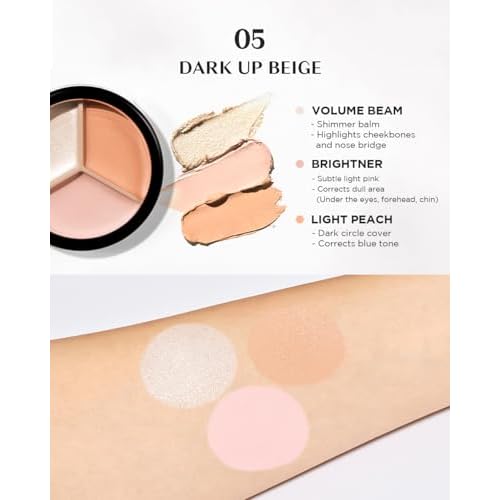THESAEM Cover Perfection Triple Pot Concealer - 05 Dark Up Beige for Dark Circles & Under-Eye - 3-Color Multi Concealer Palette with Volume & Brightening - Korean Makeup with Sweet Almond Oil