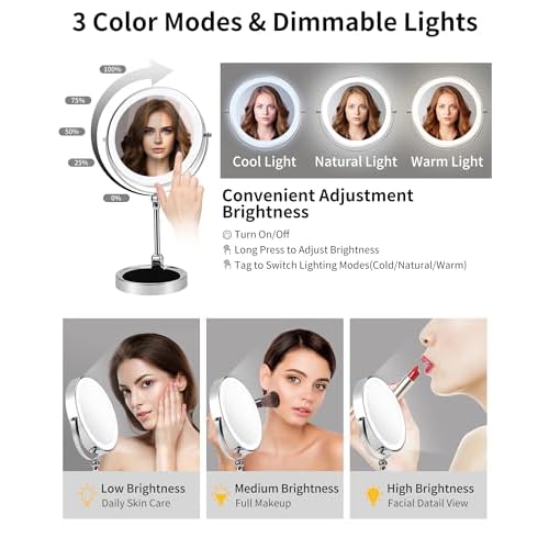 9" Lighted Makeup Mirror,1X/10X Magnifying Vanity Mirror with Height & Brightness Adjustable,Rechargable Makeup Mirror,360¡ÆRotation Double Sided Standing Desk Mirror (Polish Chrome)