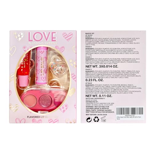 Kids Lip Gloss Set 4-Piece Heart Charm Makeup Bundle