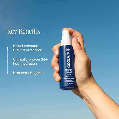 COOLA Organic Refreshing Water Mist Face Moisturizer with SPF 18, Dermatologist Tested Face Sunscreen with Plant-Derived BlueScreen Digital De-Stress Technology, 1.7 Fl Oz