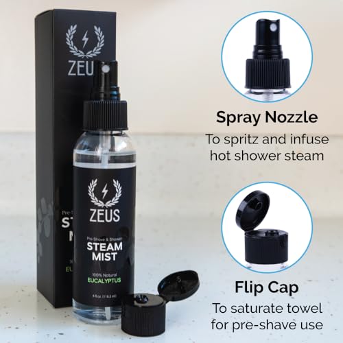 ZEUS Natural 100% Eucalyptus Essential Oil Shower Steam Mist, Aromatherapy Spray for Room, Bath, Congestion & Pre-Shave, Sauna & Spa Steam Mist (MADE IN USA) 4 oz.