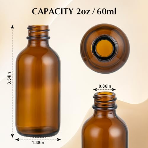 Small Glass Bottles with Lids Boston Round Shot Bottles for Health, Immunity, Ginger Juice, Essential Oils, Potion - Leak Proof Mini Travel Containers (Amber UV, 2oz-24Pack)
