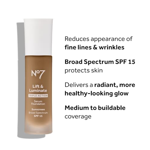 No7 Lift & Luminate Triple Action Serum Foundation - Porcelain - Liquid Foundation Makeup with SPF 15 for Dewy, Glowy Base - Radiant Serum Foundation for Mature Skin (30ml)