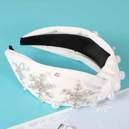 Christmas Snowflake Headbands for Women Crystal Pearl Tree Snowflake Knotted Headband Embellished Wide Twist Xmas Hairband Holiday Christmas Headpiece Outfits Accessories