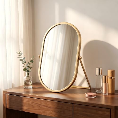 Oval Vanity Mirror 360° Rotation 180° Tilt with Gold Metal Frame - Desktop Tabletop Makeup Mirror